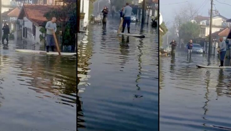 Muğla’yı vuran sağanak sonrası değişik manzara: Göle dönen yolda kano ile ilerledi