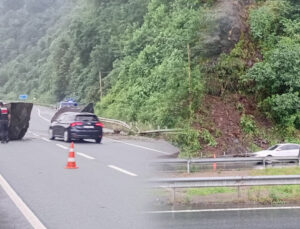 Rize’de yürekler ağza geldi: Kendi hallerinde ilerlerken önlerine kaya düştü